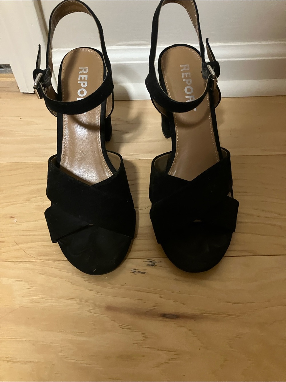 Report Black Suede Crisscross Block Heel Sandals